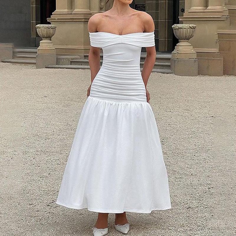 Spring New French INS Style Off-the-shoulder Temperament Thin Pleated Dress Elegant Style