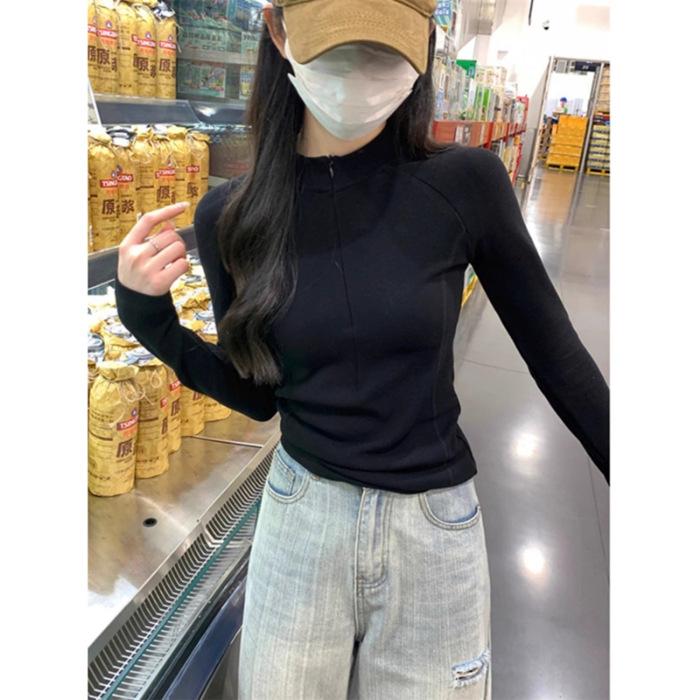 German Velvet T-shirt, Half Turtleneck Zipper Top for Women In Autumn and Winter New Design, Fish Bone Long Sleeve Inner Base Shirt