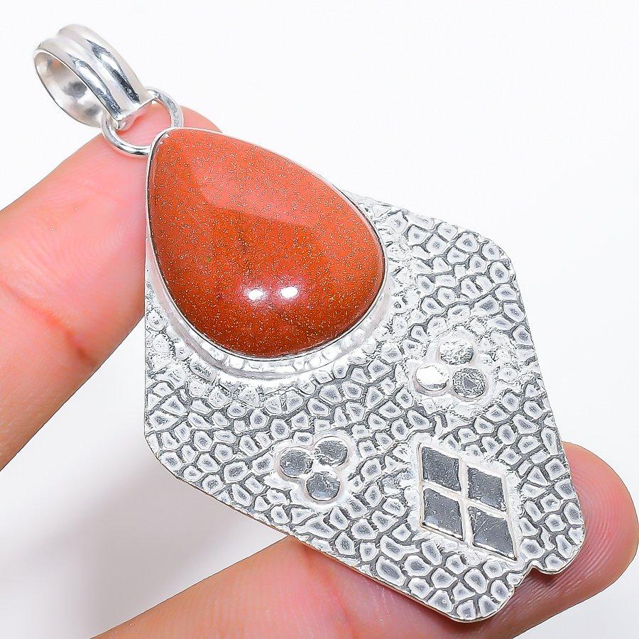 Red Sunstone Gemstone Handmade 925 Sterling Silver Jewelry Pendant 2.84"