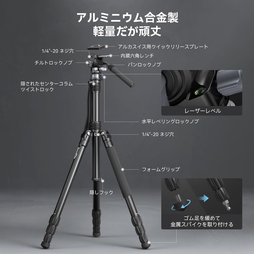 SmallRig Video Tripod Kit for Mirrorless Quick Release Aluminum Alloy 4kg Weight for Video Live CT190 4319 Cameras, Arca-Swiss Plate, Construction,