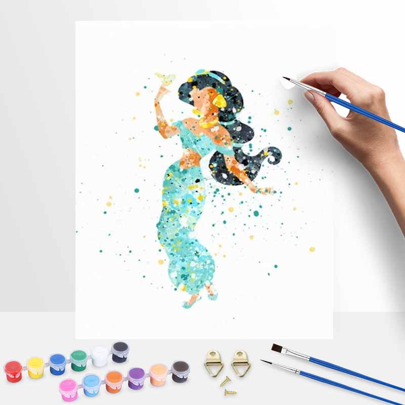 Disney Princess Jasmine oil paint by numbers painting kit handmade diy home decor gifts wall art watercolor splatter canvas for adults