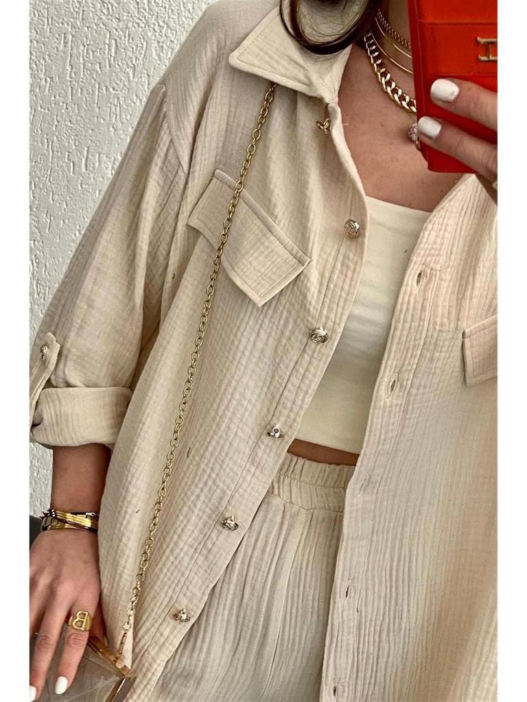 2024 Plus Size Women's Casual Crepe Loose Lapel Long Sleeve Shirt Set - European & American Style