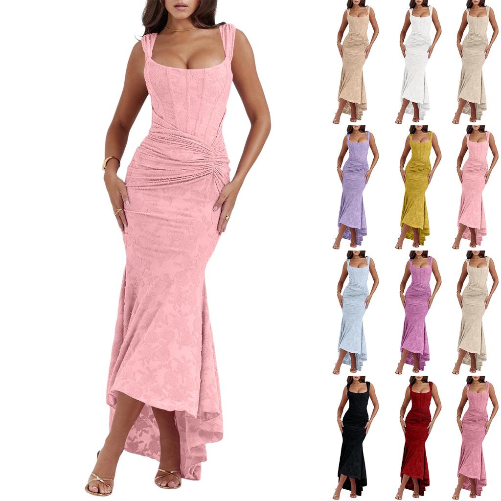 Ärmelloses Maxikleid für Damen mit Blumenprint, trägerlos, rückenfrei, Fischschwanz-Schnitt, geraffter Taille und quadratischem Ausschnitt, für formelle Anlässe