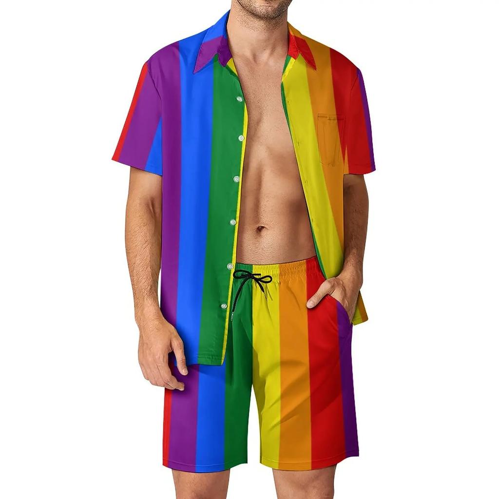 Conjuntos de Camisetas Arcoíris Impresión 3D para Hombre Moda Casual Manga Corta Camisas Pantalones Cortos Oversize Ropa de Calle Hawaiana Trajes Ropa