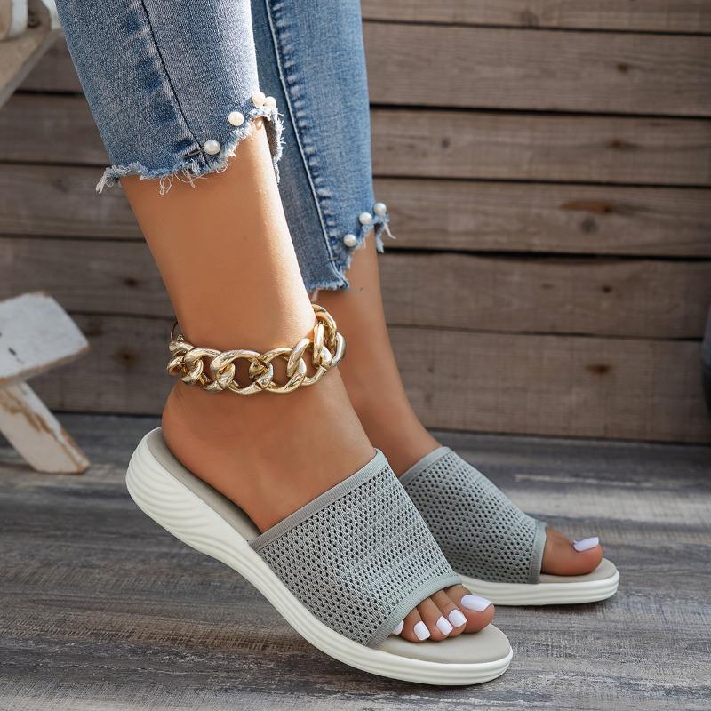 Flat Bottom Slippers Women Summer Round Head Mesh One Word Outer Wear Breathable Casual Sandal Slippers