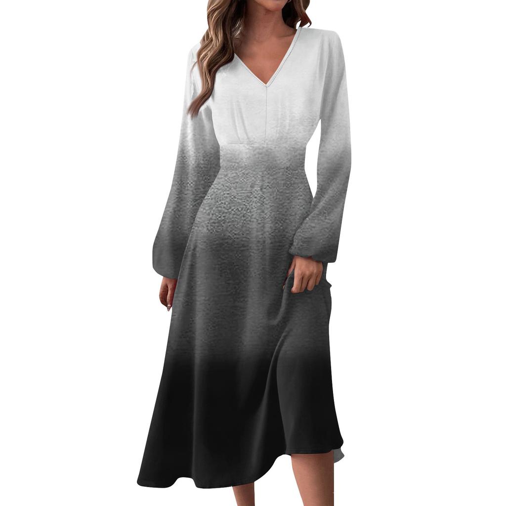 Women's And Winter Casual Fashion V-neck Long Sleeve Print Long Dress