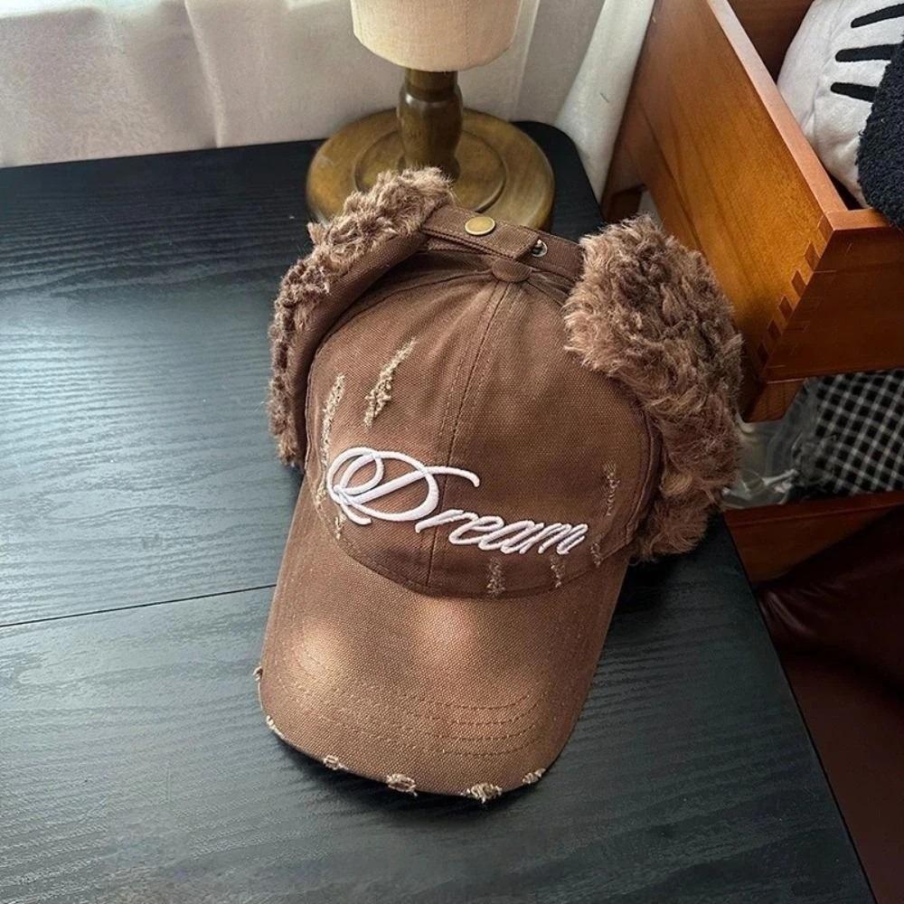 Windproof Earmuffs Baseball Hats Broken Style Retro Bomber Caps Letter Embroidery Versatile Fashion Winter Warm Hat