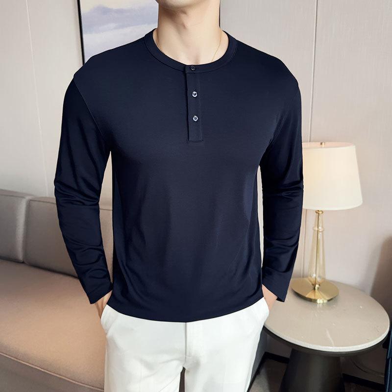 

Рубашка с длинным рукавом Henry Neck, мужская футболка, эластичный круглый вырез, осенне-зимний интерьерный повседневный трендовый топ, однотонный цвет 4XL чёрный
