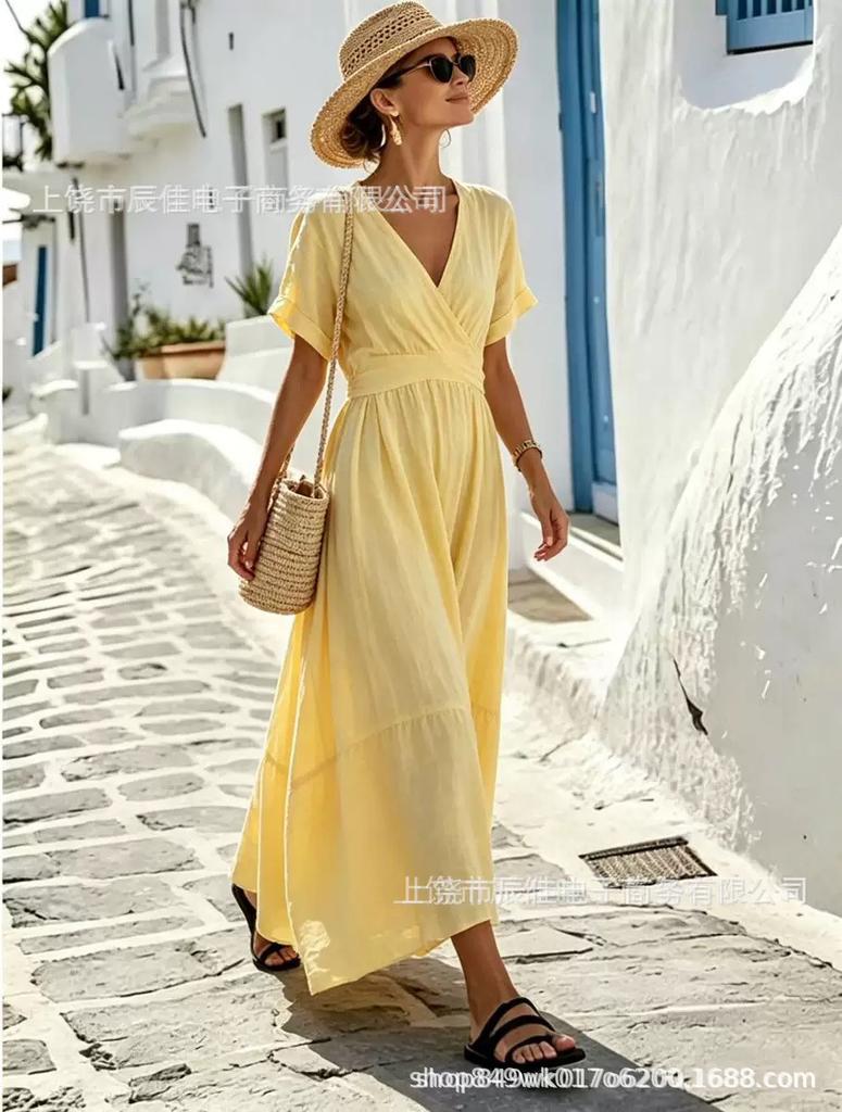 Holiday style seaside v-neck loose long dress summer new simple dress