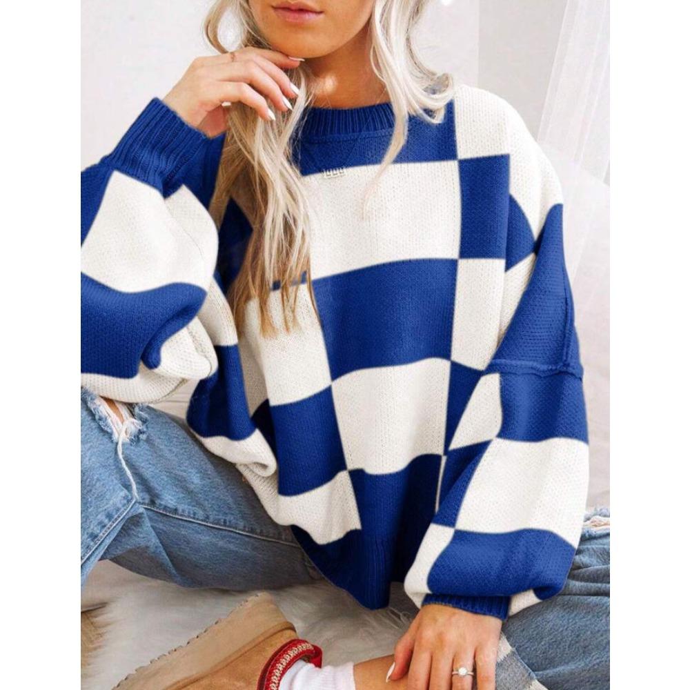 Women's Crew Neck Long Sleeve Knit Top Loose Fit Lazy Casual Sweater Color Block Plaid Pullover Knitwear