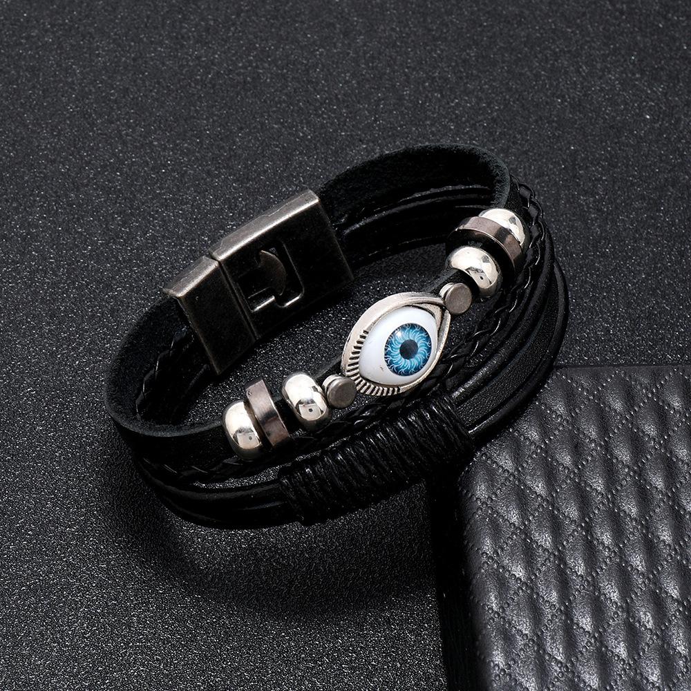 Pulseira Retrô Masculina Olho Grego Fecho Largo Tecida à Mão Pulseiras de Couro Multicamadas Bangles Joias de Luxo Presente