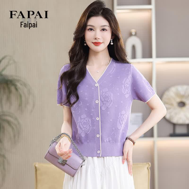 FAPAI Women s Rose Jacquard V-Neck Knit Cardigan L