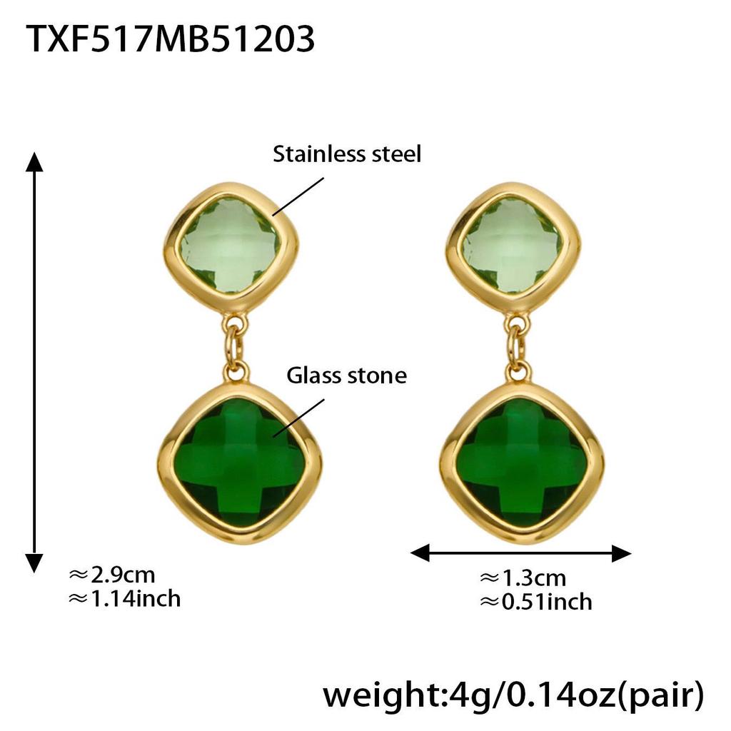 Geometric Glass Stone Earrings & Stainless Steel Bead Necklace Bracelet Set - Multi-color Patchwork Jewelry