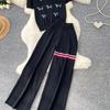 Lässiges Strick-Set mit süßem Welpenmotiv für Damen, Sommer, Umlegekragen Pullover-Top und Weitbeinige Hosen, Zweiteiliges Set für Damen