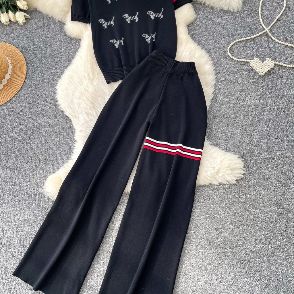 Lässiges Strick-Set mit süßem Welpenmotiv für Damen, Sommer, Umlegekragen Pullover-Top und Weitbeinige Hosen, Zweiteiliges Set für Damen