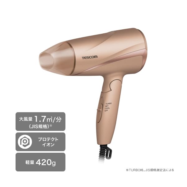 Tescom Protect Ion Hair Dryer, Foldable, High Airflow, Lightweight, Cold and Warm Air, Gold, TD360A-N
