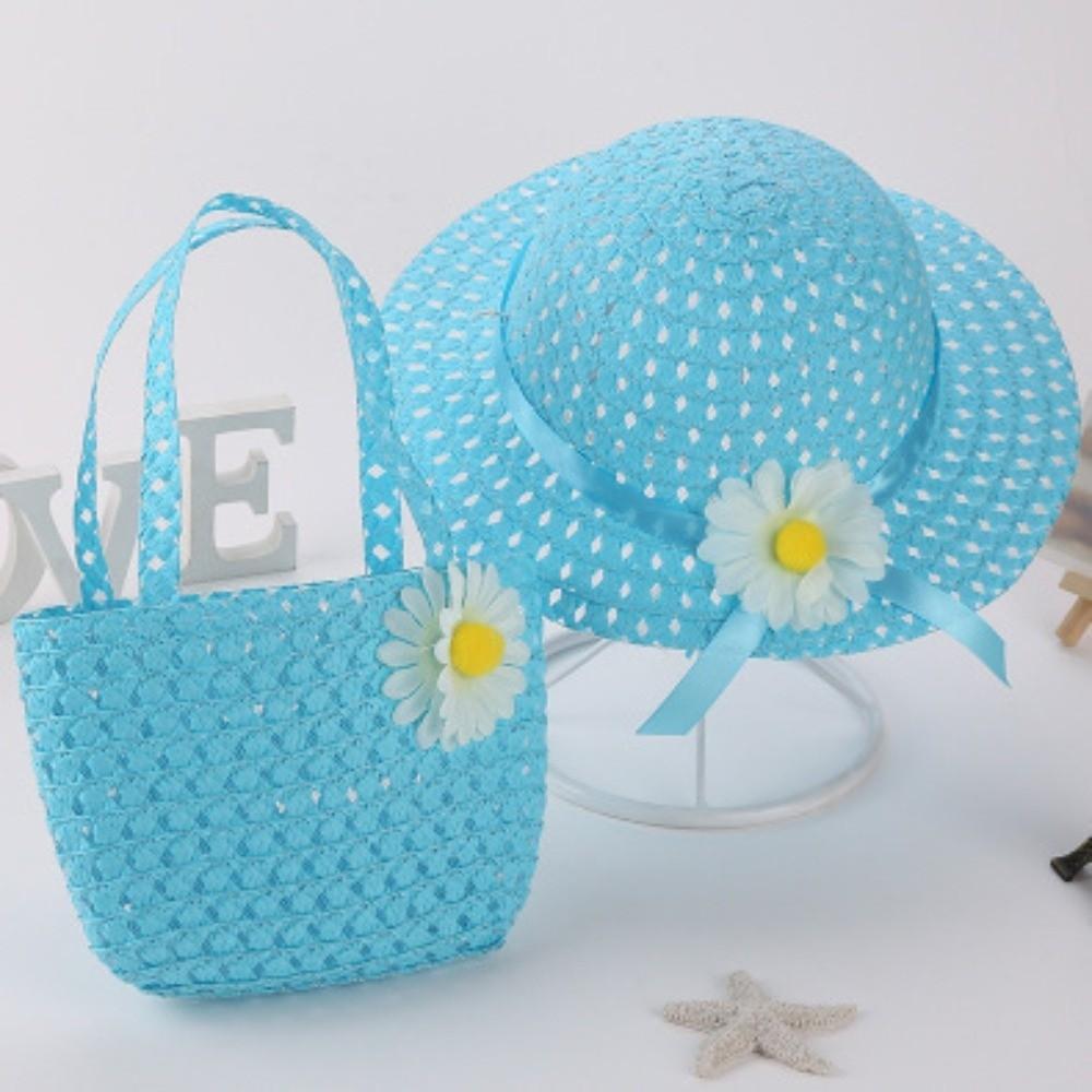 2Pcs/Set Flower Design Children Beach Hats Set Wide Brim Straw Wide Hat  Kids Summer Holiday
