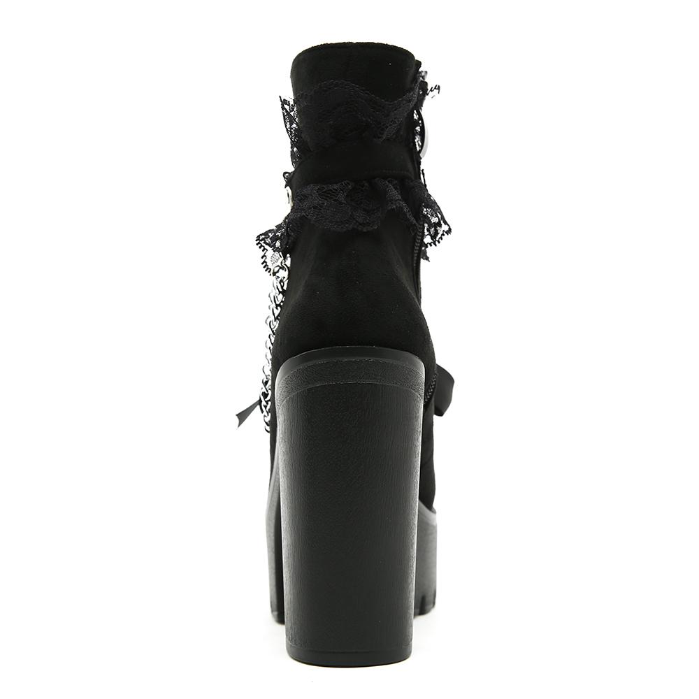 Gdgydh Gothic Vintage Lace Ankle Boots for Women Floral Pattern Chunky Heel Platform Boots with Chain Dress Outdoor