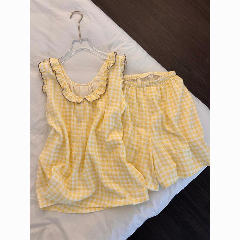 Yellow plaid ins simple style pajamas women s suspender shorts lace two-piece set women s casual loose loungewear S