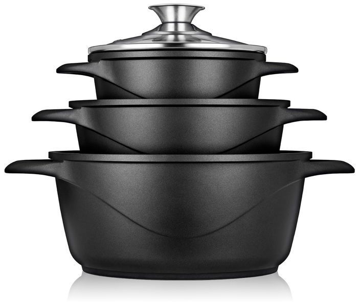 Batterie de Cuisine Induction 6 Pièces Aluminium Fonte 3 Casseroles 3 Couvercles Briebe MGK-18 Noir 93799
