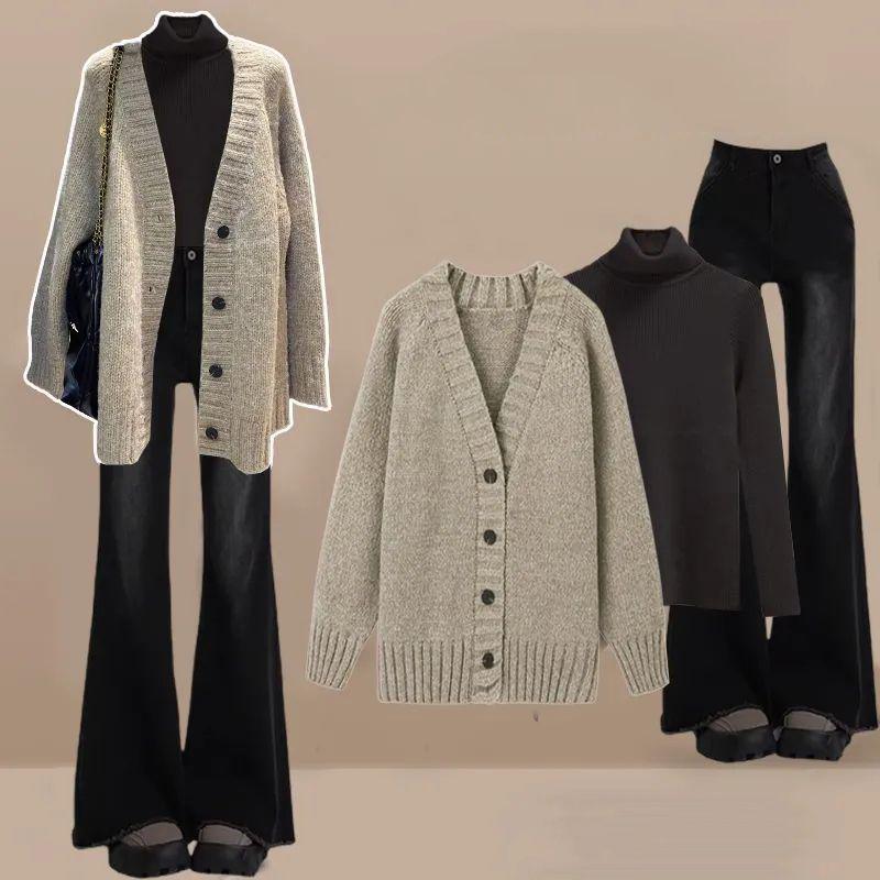 

Женский осенне-зимний комплект 2025 года с базовой рубашкой с высоким воротом, кардиганом и джинсами M for 95-105 lbs