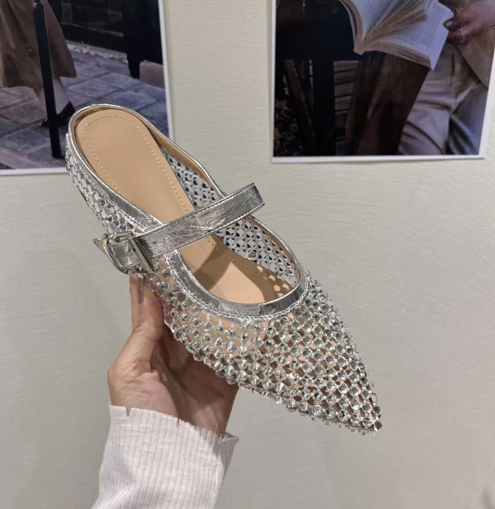 Retro pointed metal buckle rhinestone bag head half slippers women wear fashionable cool slippers