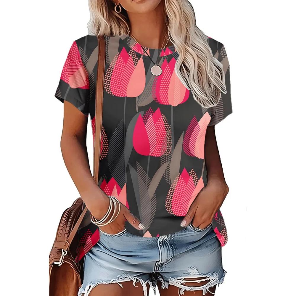 Women's V-Neck Flower Printed Top Fashion Versatile Short Sleeve Comfortable Daily T-Shirts Women’s
