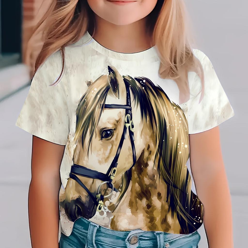 Children's Clothing Girl T-Shirt Short Sleeve Stylish 3D Horse Printed Kids Summer Clothes Casual Round Neck Girl Clothes Tops