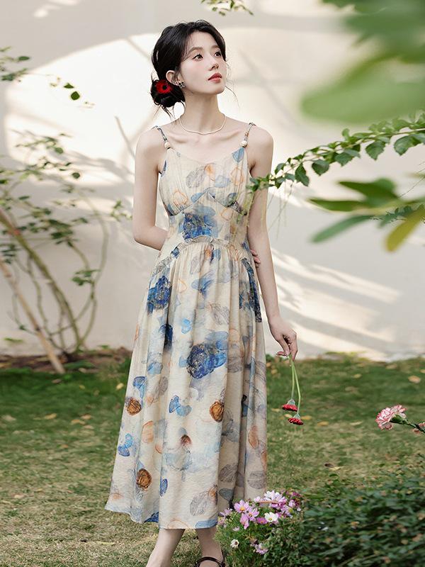 Women's New Summer Floral Drawstring Camisole Dress