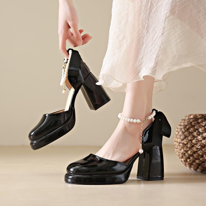 Chaussures Mary Jane à Talons Épais pour Femmes 2024 Été Nouvelle Mode Niche Française Perle Nœud Papillon Talons Hauts Sandales Tempérament