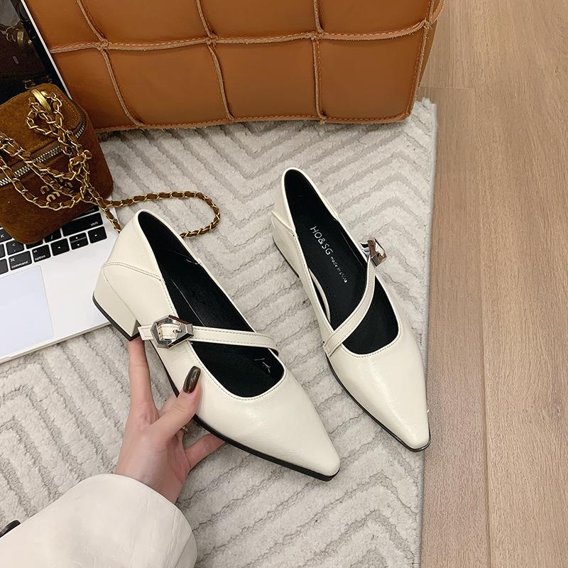 2025 new women's shoes spring thick heel pointed one-word buckle shallow mouth Mary Jane shoes small leather shoes temperament single shoes