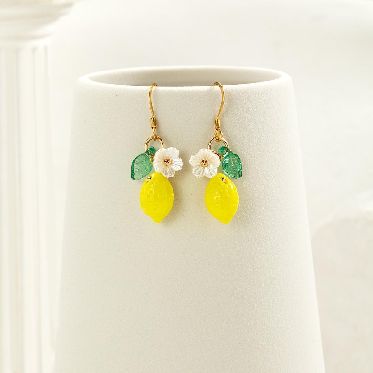 

Small Fresh Resin Lemon Pendant Earrings Stainless Steel Earhooks Flower Women s Earrings Asymmetric Earrings