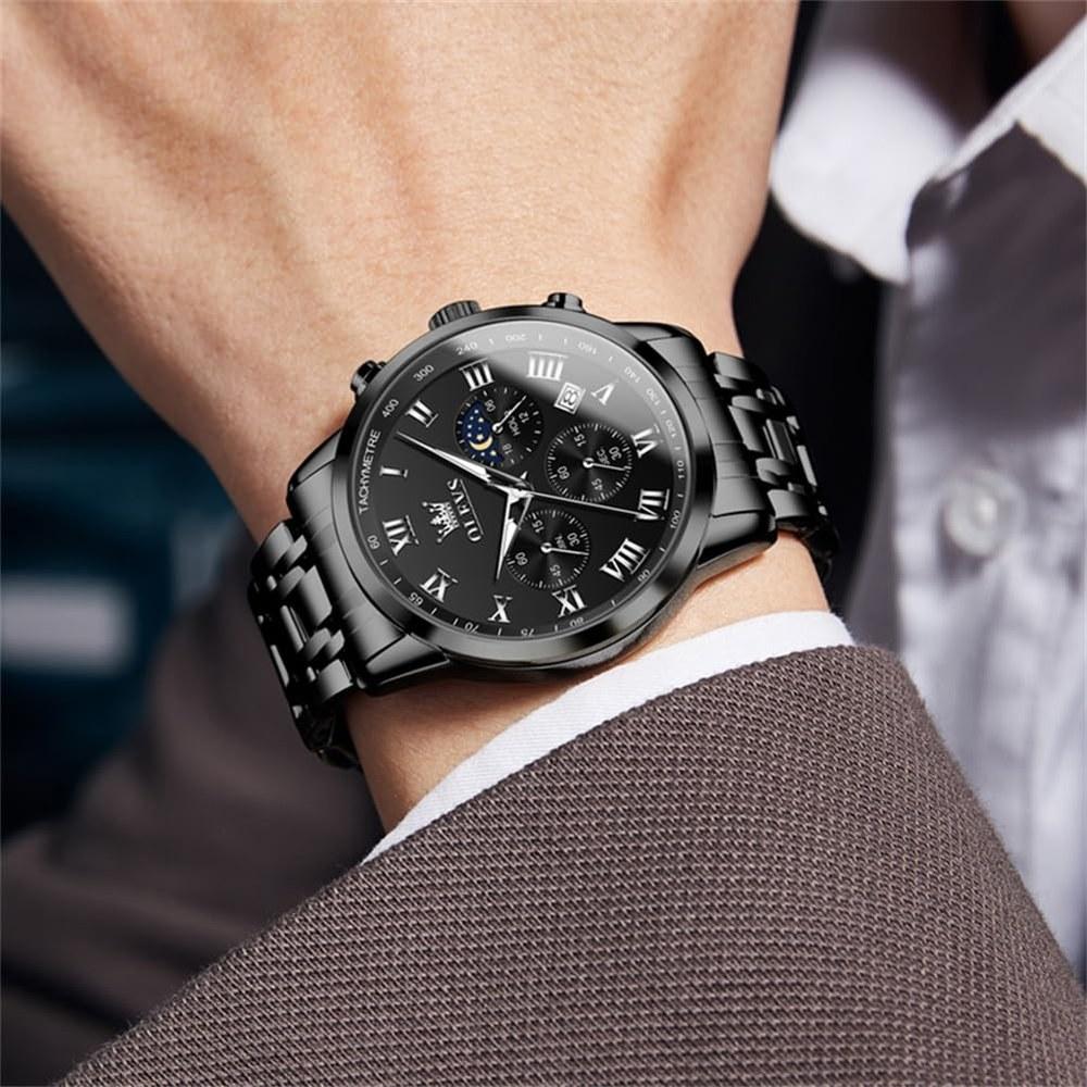 OLEVS Men's Black Analog Quartz Watch 30M Water Resistant Stainless Steel Chronograph Date Large Dial Moonwatch