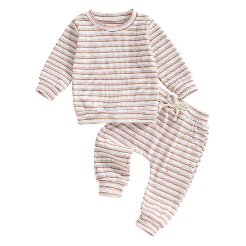 

Toddler Baby Boys Girls Fall Waffled Clothes Stripe Long Sleeve Round Neck Pullover Elastic Waist Long Pants 2Pcs Outfit 0-6M розовый