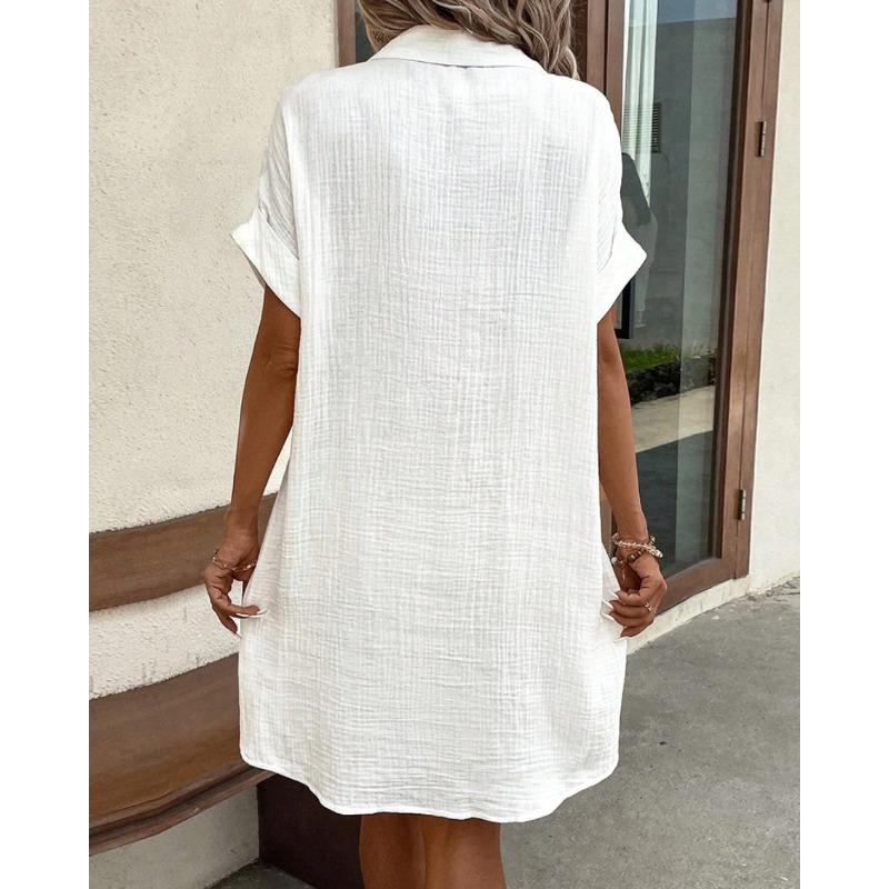 VEZFAA Women's Fashion Summer Spring Solid Color Print Short Sleeve POLO Neck Loose Waistlinet Casual Dresses
