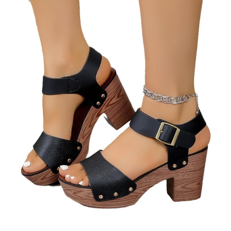 Nowe Letnie Damskie Sandały na Wysokim Obcasie Jednopaskowe z Odkrytymi Palcami Detal Klamry Styl Casual