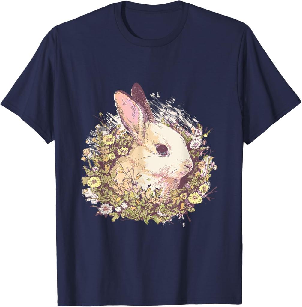 Bunny In Floral Garland Graphic Print Casual Cotton T-Shirt Spring Cottagecore Aesthetic Tee