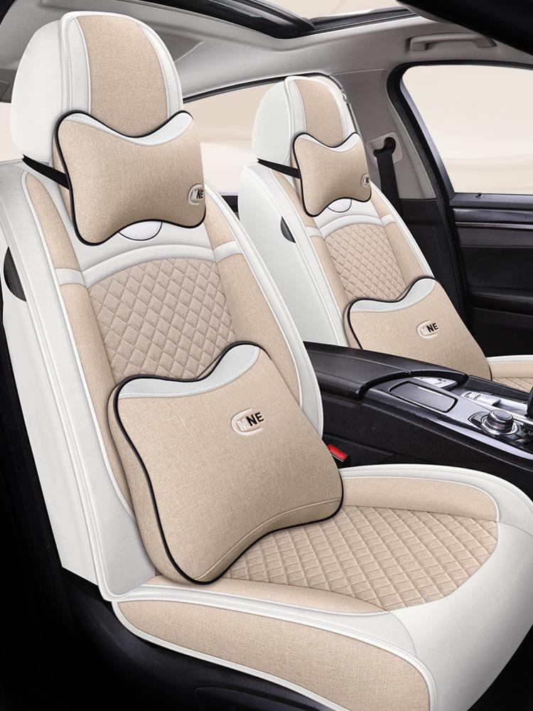 Universal Linen Cartoon Panda Car Seat Cushion Set for All-Season