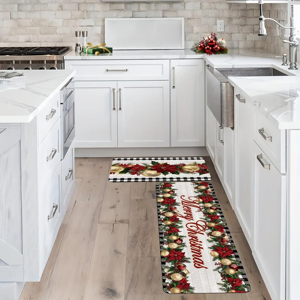2Pcs Anti Fatigue Kitchen Rugs Christmas Waterproof Non-Slip Thick Cushioned Kitchen Mat Heavy Duty Comfort Standing Mat for Kitchen