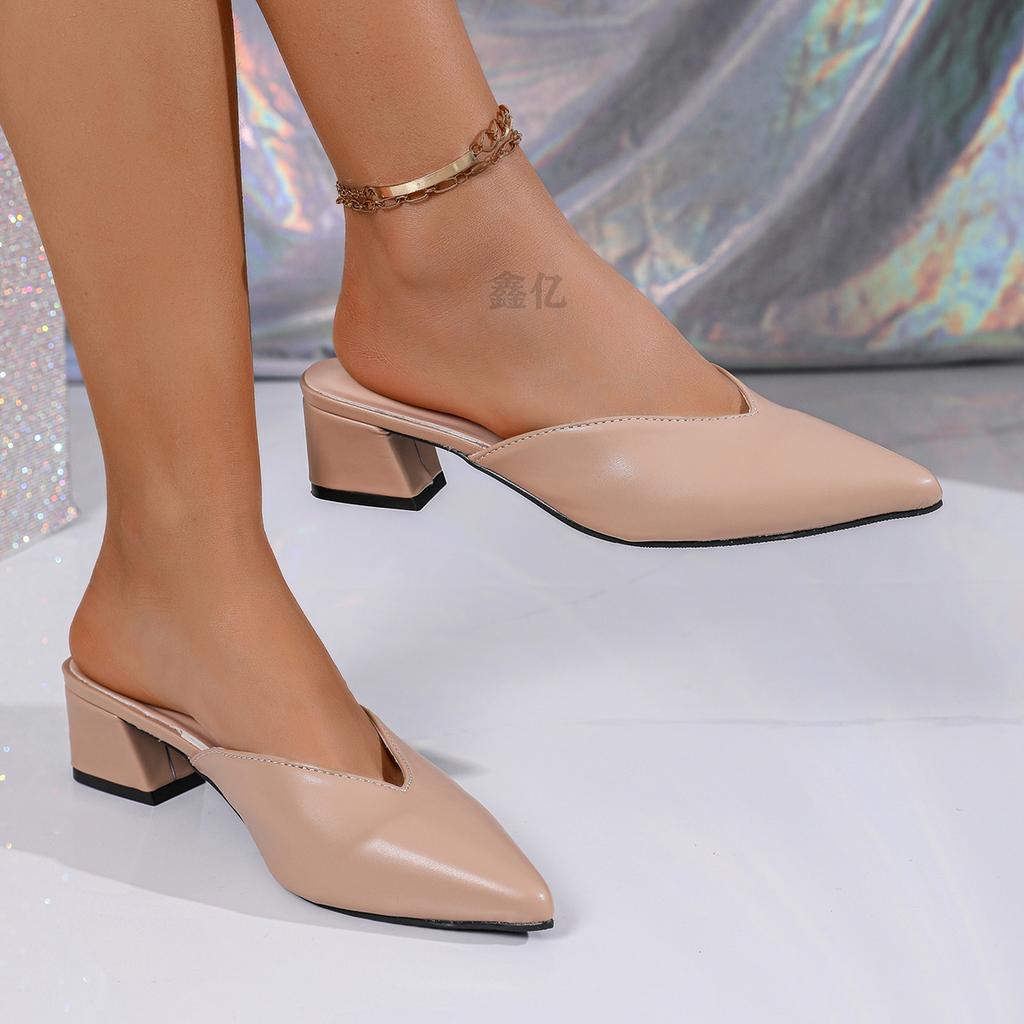 Fashion Women High Heels Slippers  Baotou Women Shoes Sexy Pointed Toe Chunky Heels Mules Outdoor Walking Slides Chaussure Femme 2025