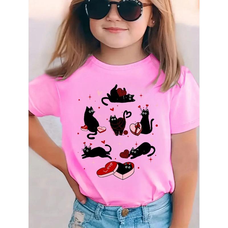 

European sizes Girls Summer Short Sleeve T-Shirt with Kitten & Heart Box Love Letter Print - Cute Cat & Heart Applique Round Neck Blouse 164cm рожевий
