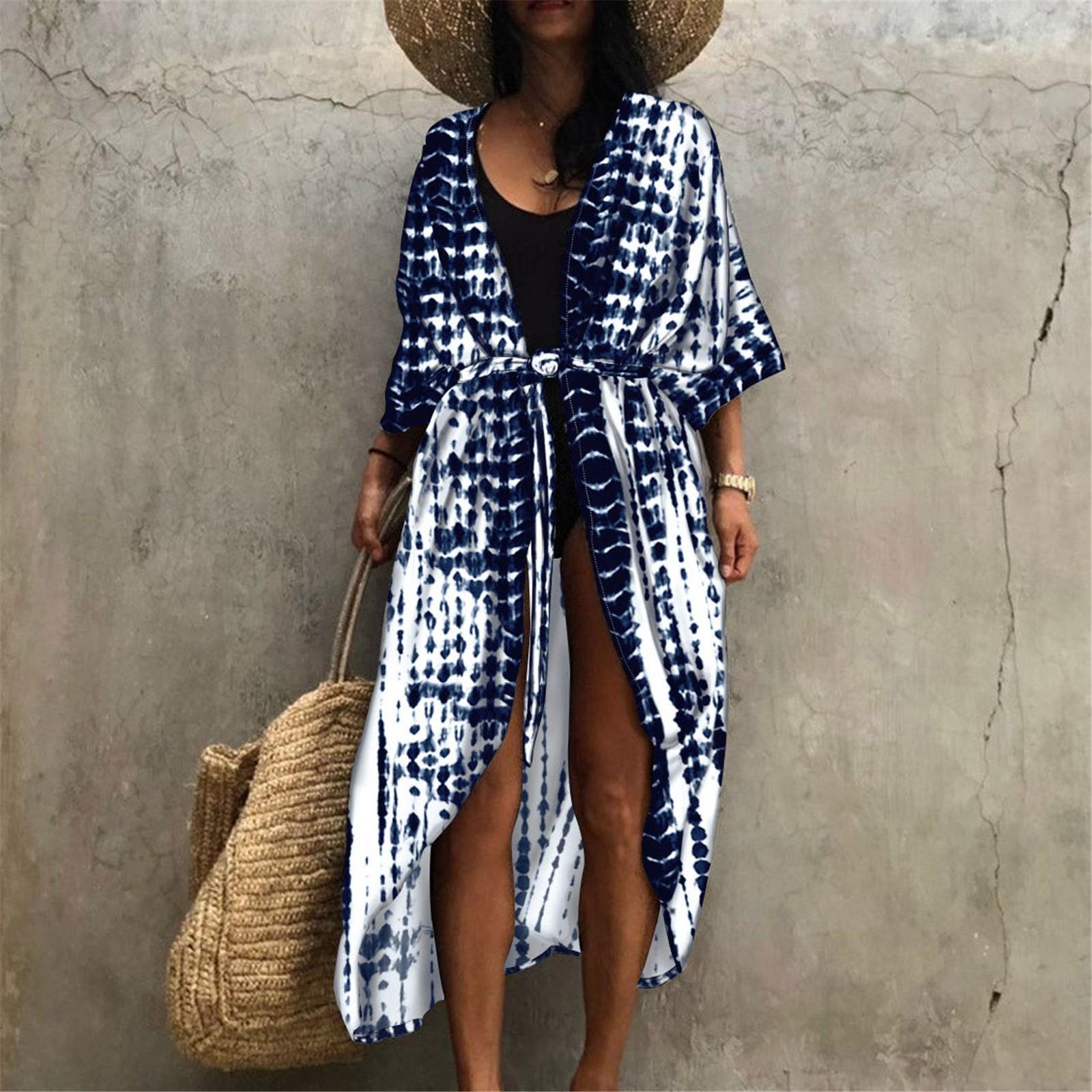 

Женский модный шифоновый кардиган с принтом, свободные пляжные накидки с рукавами из пяти частей M синий