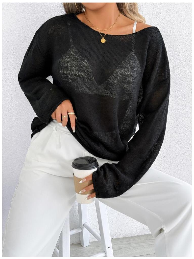 Cross-Border Casual Loose Knit Hollow Sweater: Women's Lightweight Bell Sleeve, Round Neck, Solid Color