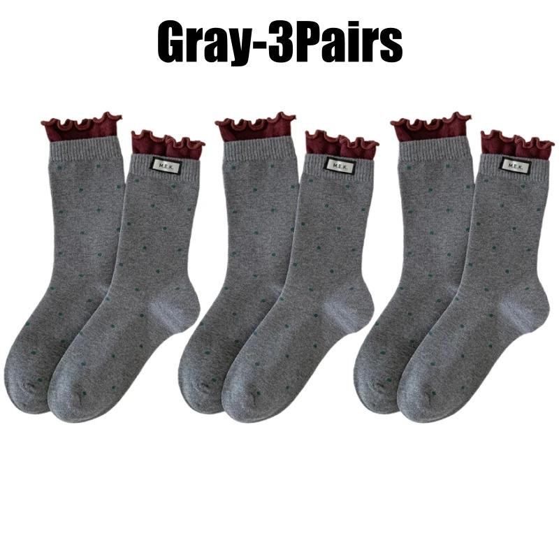 Womens Polka Dot Mid Crew Socks Ballet Style Delicate Lace Edging and Ruffle Trim Fashion Woven Label Simple Design Socks