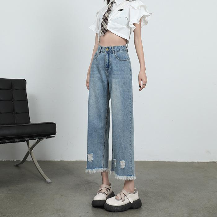 

Джинсы с высокой талией формы груши с рваными деталями для женщин - Весенние стройнящие прямые широкие брюки для больших размеров XS светло-синий