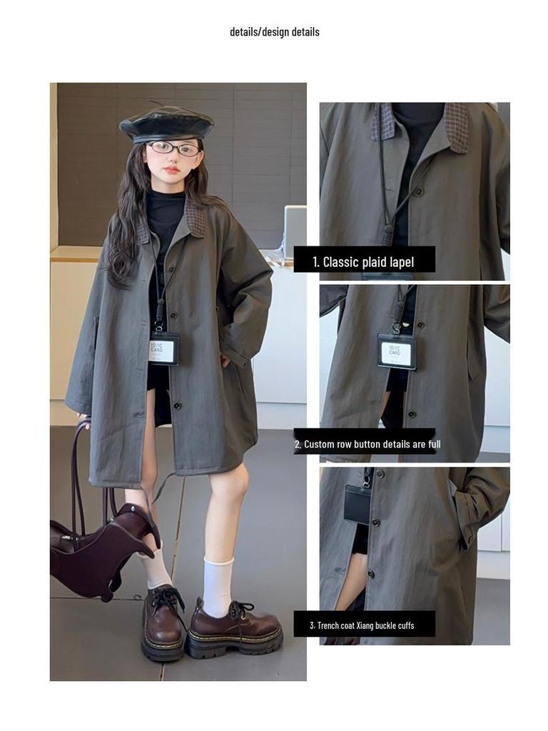 Mädchen Midilanger Trenchcoat: 2025 Frühling/Herbst Koreanischer Stil für Kinder - Lockerer, lässiger Schnitt