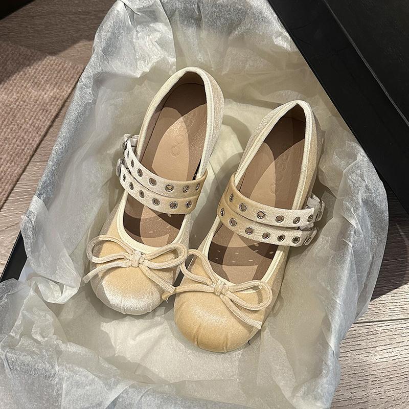 Fashion Mary Jane Shoes Spring New Round Head Deep Mouth Suede Bow Rivets Metal Buckle Anti-slip Wear-resistant Single Shoes