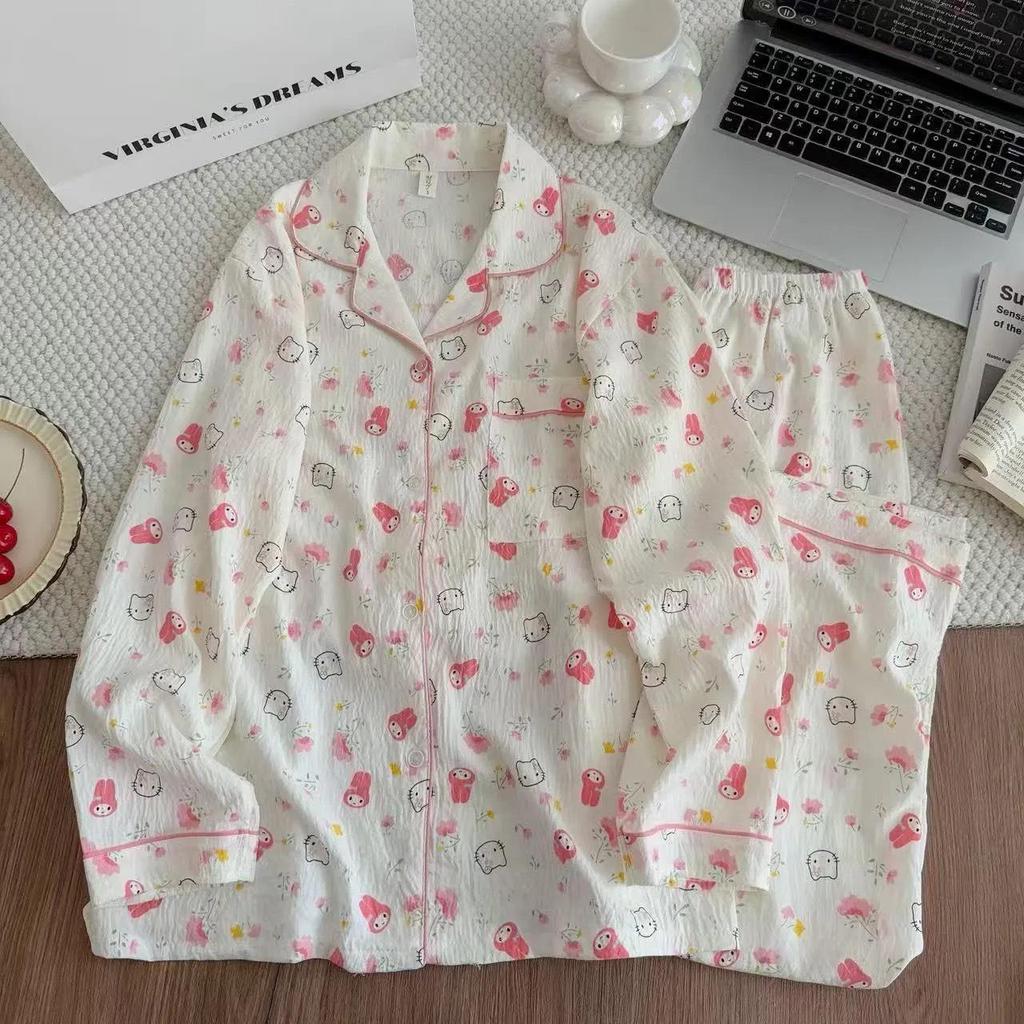 Cloud Cotton Cartoon Pajama Set: Long Sleeve Cardigan and Pants for Women