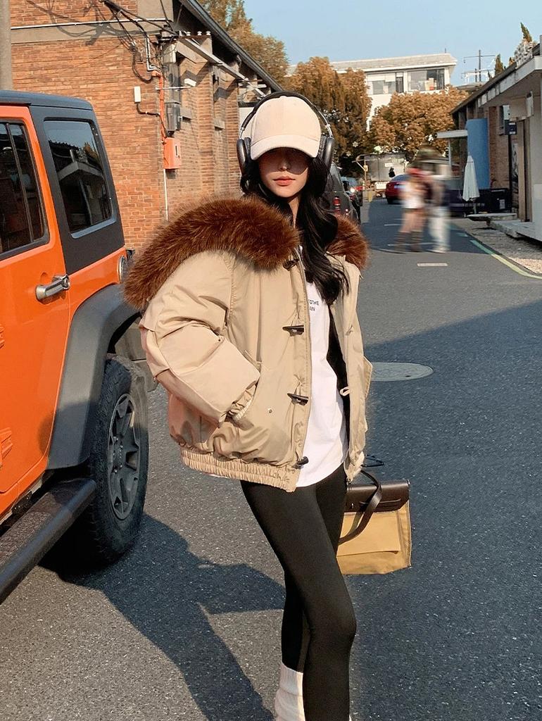 Women’s Short Hooded Windproof Thicken Warm Winter Jacket With Big Fur Lapel