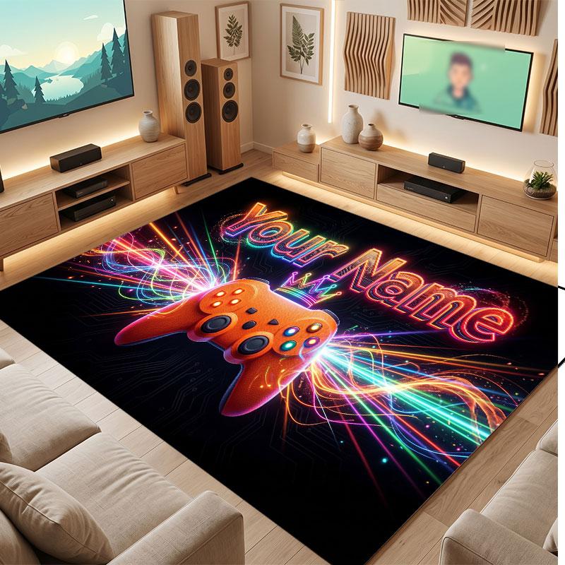 Game Controller Theme Crystal Velvet Floor Rug Personalized Custom Name Text Warm Carpet Home Decoration